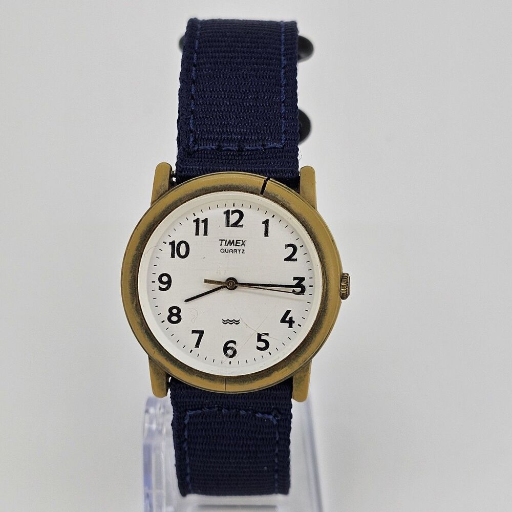 VTG Timex Easy Read Men Watch 34MM White Dial New Blue Canvas Bands New‎ Battery
